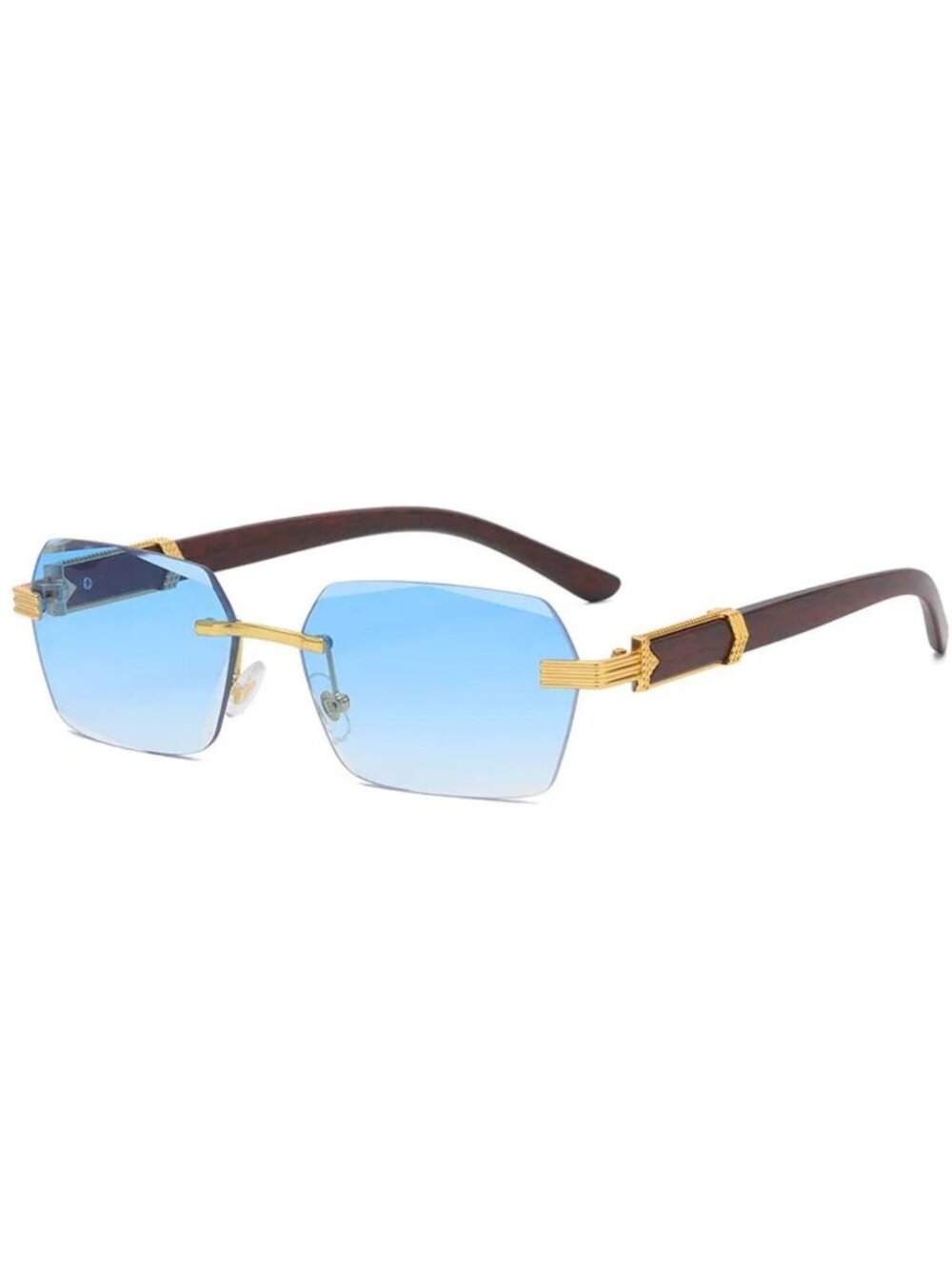 Retro Unisex Rimless Blue Gradient Sunglasses W/ Gold-Tone & Wooden Arms